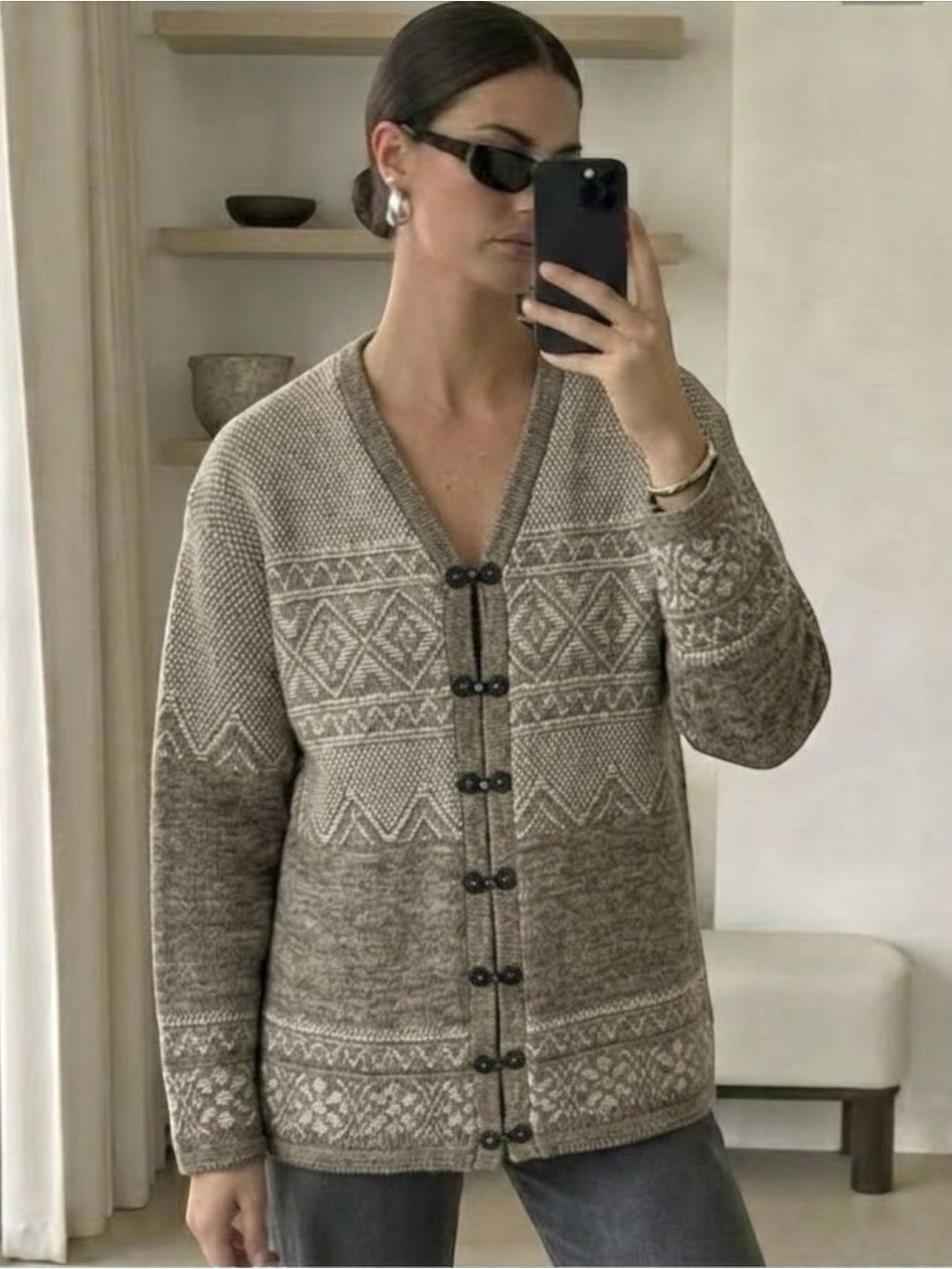 Vintage Nordic Sweater Metal Clasp Cardigan Fair Isle  Knit Taupe Size M